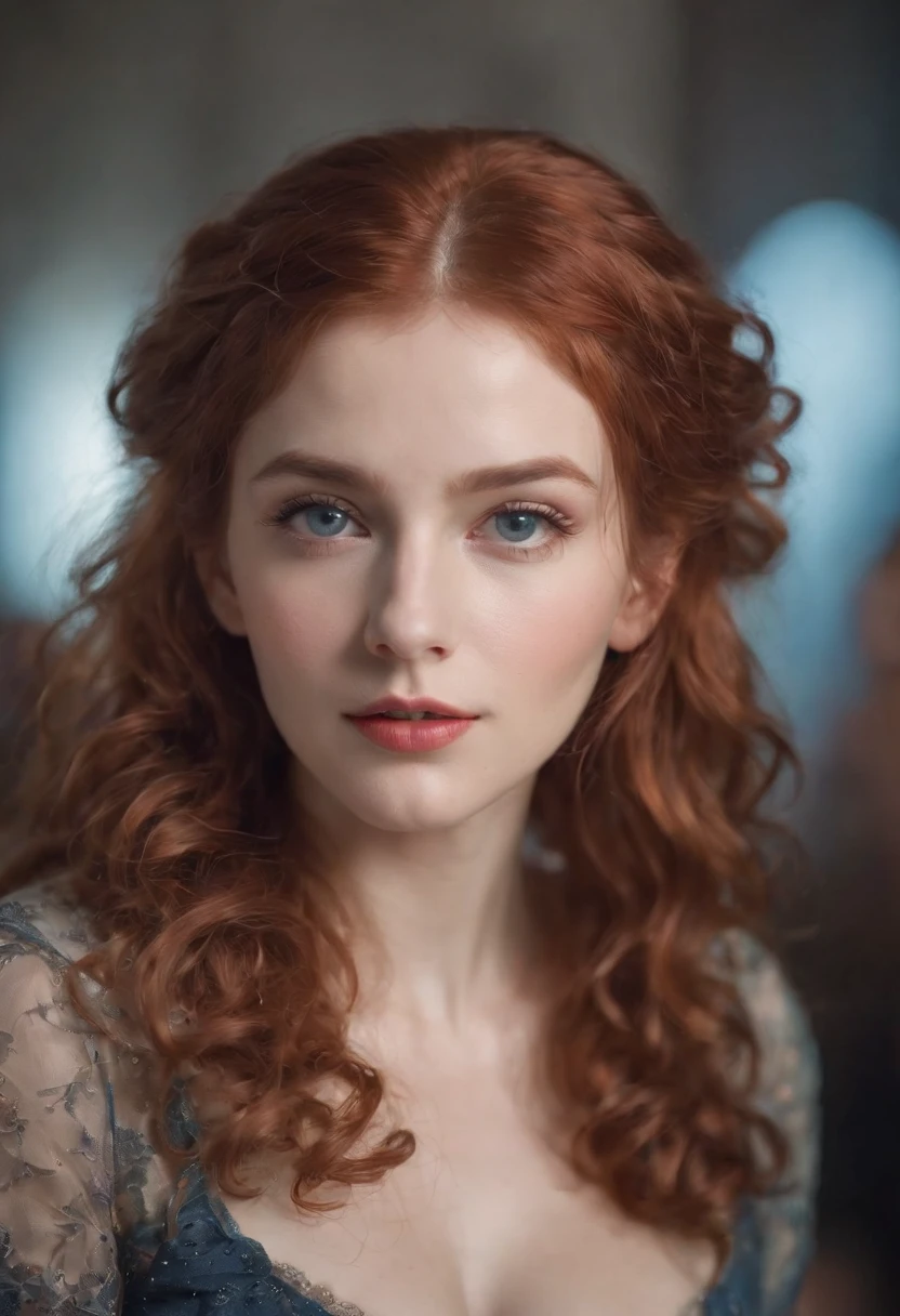 As the camera pans around the classroom, the magical bokeh of the lights creates a dreamlike atmosphere. In the center of the room is a nerdy goddess with red hair full of curls., boca grande, fleshy lips and blue eyes. She wears a shirt with a generous neckline, drawing attention to her large breasts., adding a touch of mystery to its already intriguing presence. The toxic punk runes on your skin seem to come to life, its intricate details adding to the overall cinematic feel of the scene.