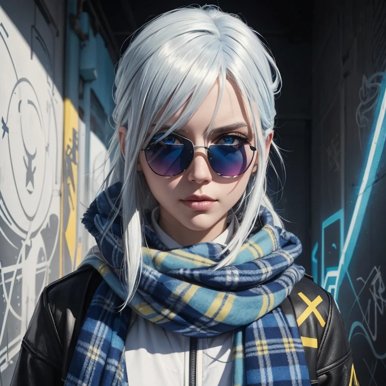 halo portrait, sunglasses, blue eyes, plaid scarf, white hair by Atey Gailan, Greg Rutkowski, Greg Tocchini, James Gillard, Joe Fenton, Katie Butcher, gradient yellow, blue, color scheme, grunge aesthetic, graffiti tag wall background