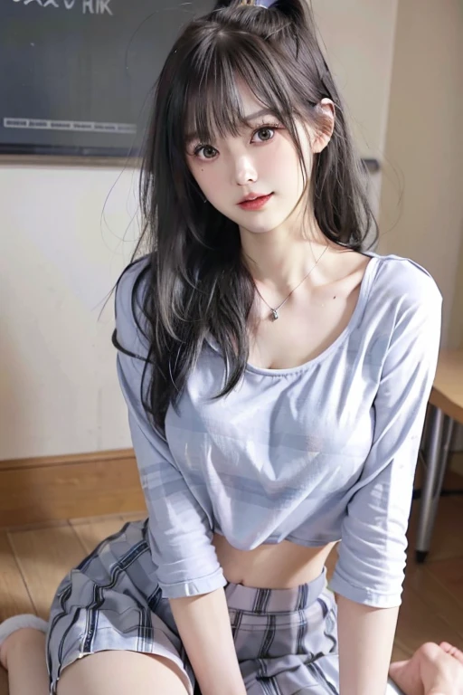 ((highest quality, 8k, masterpiece: 1.3)),((Amazing details: 1.2)),((shape: 1.1)), (Realistic, photoRealistic:1.4), Female Solo,high school girl、Shiny skin, thin, beautiful 髪, Beautiful Face, Highly detailed face, beautiful detailed 目, Beautiful clavicle, Beautiful body, Beautiful breasts, Beautiful thighs, Beautiful legs, Beautiful fingers, (High-quality fabric, red checked tie, A white shirt with a long sleeve and a collar, Grey plaid pleated skirt), Black socks, (Beautiful views), morning, (classroom) ,,ponytail、 Long eyelashes, Solid Circle Eye, Captivating smile、blush:1.4、tongue、Cleavage:1.3、necklace、(Close one eye、Wink)、((Sitting on the floor、Keep your knees together、Sit with your knees bent))、Mid-chest、Short tops、Low-rise skirt、Slender body、Toned Abs、flat sitting on floor, tongue出し、Belly button pairing、Swaying earrings、