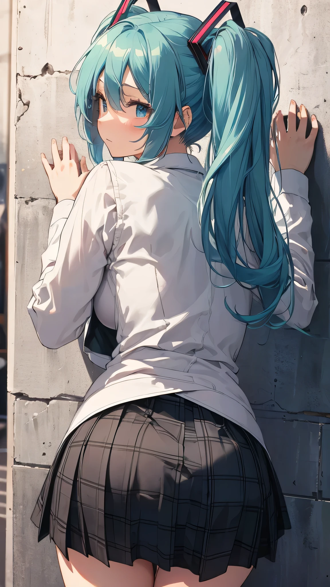 (hip focus),(doggy pose, lower the upper body),(both hands touch the wall),((from behind)),Solo,(((raise ass))),head is Hatsune Miku,turn around and look at veiwer,blushing,big tits,long sleeves, vest, skirt,black and gray plaid skirt 