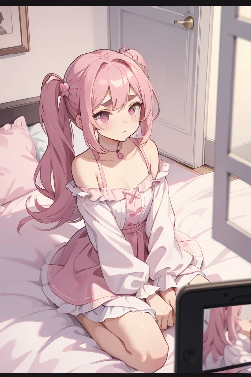 Girls with pink hair, long double-tailed hairstyle, ((small pink bushy eyebrows)), dressed in lolita clothes, marked vagina, lolicon (Zankuro) drawing style by zankuro artist, Zancro style, image uploaded to R34, changing of clothes in a room, semi naked with underwear in her hands looking away, not looking at the camera (hidden camera recording her, security camera filter recording her)