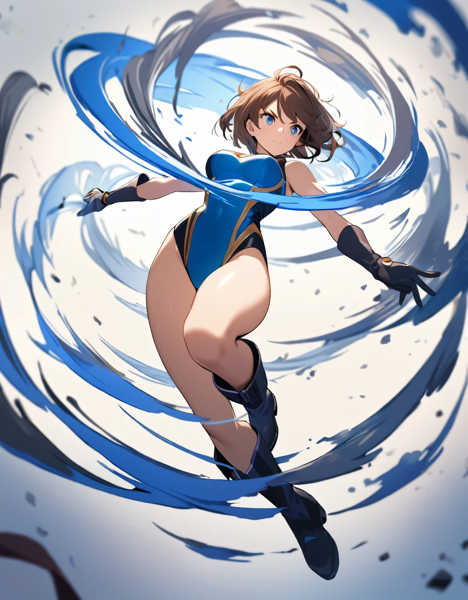 1girl, solo, solo focus, female superhero, medium breasts, leotard, red and blue leotard, bare legs, boots, matching boots, gloves, matching gloves, brown hair, blue-grey eyes, full body. she spins at an incredible speed, creating a whirlwind of air around her.