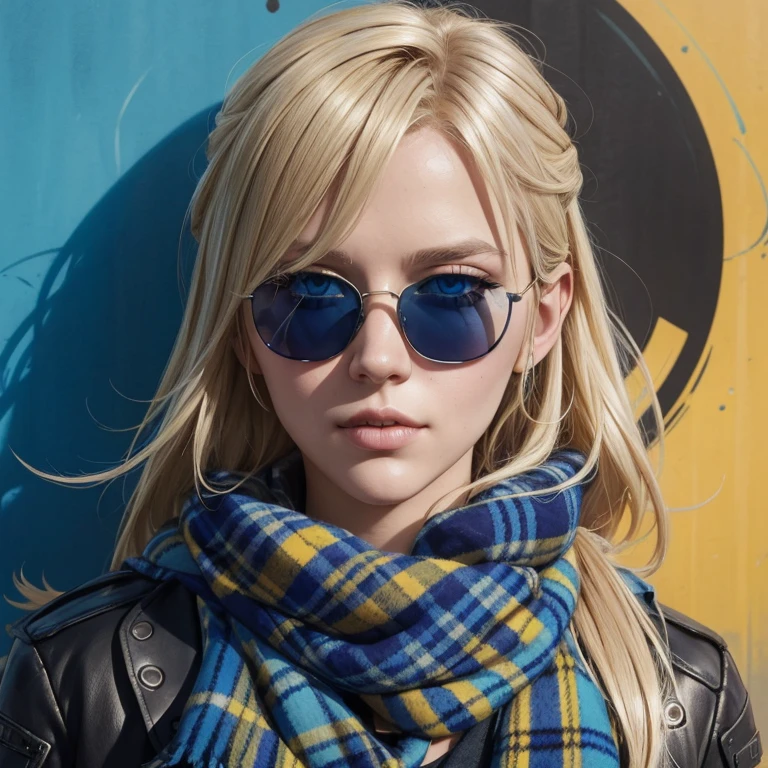 halo portrait, sunglasses, blue eyes, plaid scarf, blonde hair by Atey Gailan, Greg Rutkowski, Greg Tocchini, James Gillard, Joe Fenton, Katie Butcher, gradient yellow, blue, color scheme, grunge aesthetic, graffiti tag wall background