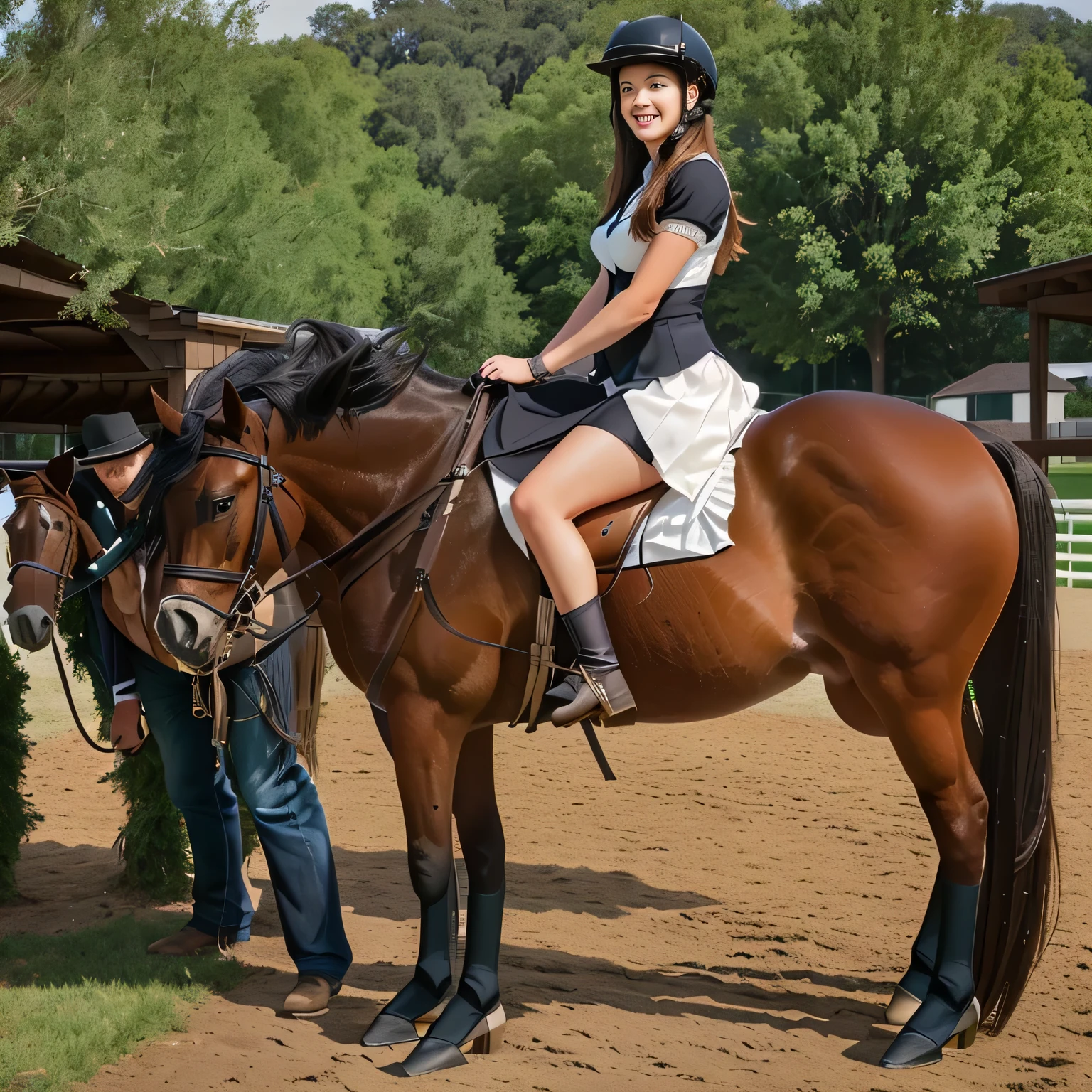 woman sitting on a horse with a man standing beside her, riding a horse, riding horse, ride horse, on a horse, with horse driven, monika, 👰 🏇 ❌ 🍃, riding on a prancing horse, no reins, horse rider, full length shot, riding a black horse, horse on top, horse in background