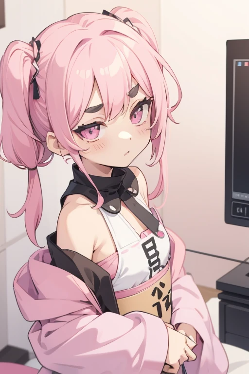 Girls with pink hair, long double-tailed hairstyle, ((small pink bushy eyebrows)), dressed in lolita bikini, ), lolicon (Zankuro) drawing style by zankuro artist, Zancro style, image uploaded to R34, changing of clothes in a room, looking away, sexy flirtatious look,not looking at the camera (hidden camera recording it, security camera filter recording it)