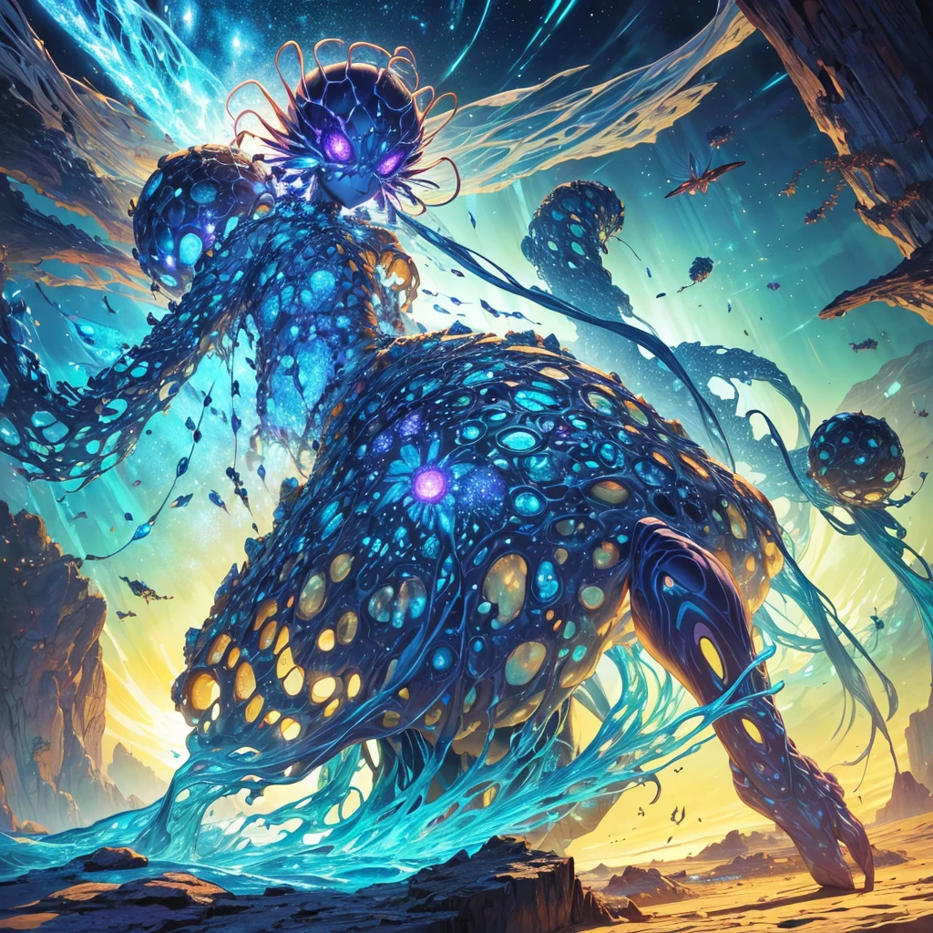 (astral being),(symbiotic creature),(insect swarm),(rock burrowing),(possessing),(living beings),(detailed),(organic structure),(life force),(interconnected),(vibrant colors),(ethereal),(translucent),(hovering),(mysterious),(transforming),(emerging),(seamless integration),(intricate patterns),(evolutionary adaptation),(otherworldly),(metamorphosis),(harmony),(bioluminescence),(shapeshifting),(multifaceted),(hive mind),(fluid movement),(sensory antennas),(radiant),(unearthly),(magical),(surreal),(cosmic energy),(breathtaking),(mythical),(interdimensional),(powerful),(unleashing potential),(illuminated landscape),(cosmic harmony),(ultimate fusion),(limitless possibilities)