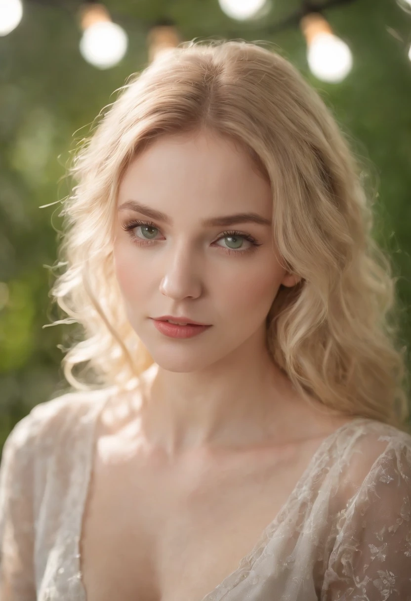 As the camera pans around the classroom, the magical bokeh of the lights creates a dreamlike atmosphere. In the center of the room is a nerdy goddess with blonde hair full of curls., boca grande, full lips and green eyes. She wears a shirt with a generous neckline, drawing attention to her large breasts., adding a touch of mystery to its already intriguing presence. The toxic punk runes on your skin seem to come to life, its intricate details adding to the overall cinematic feel of the scene.