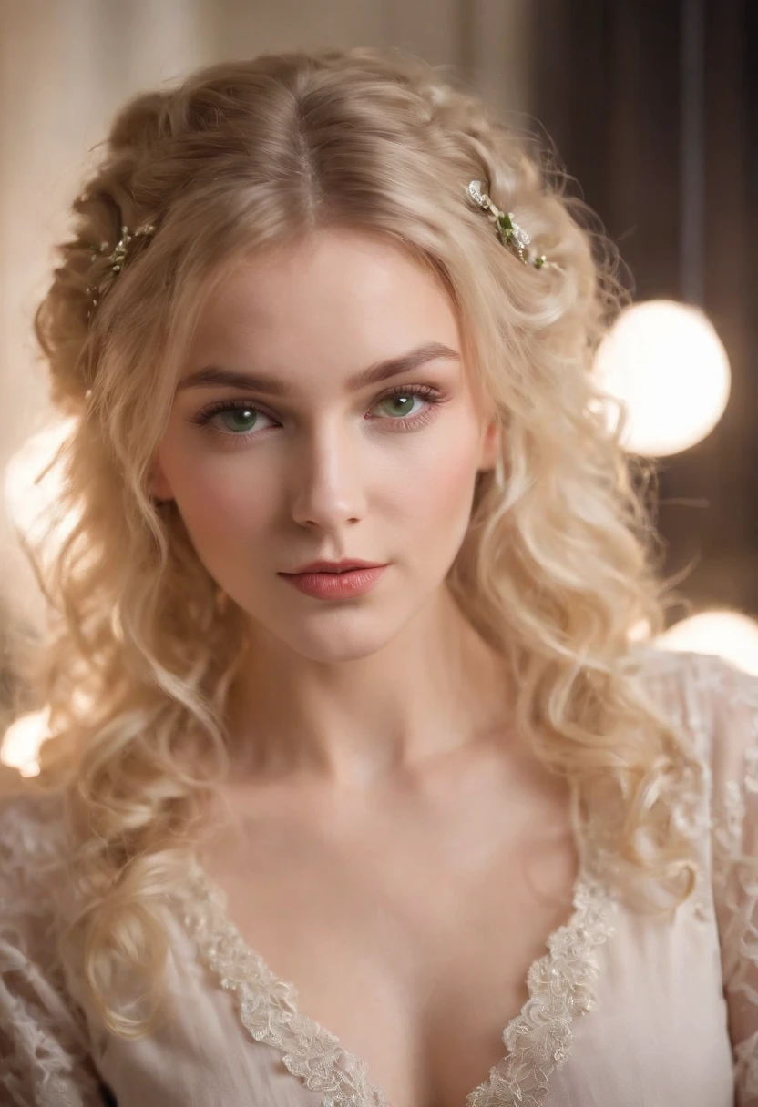 As the camera pans around the classroom, the magical bokeh of the lights creates a dreamlike atmosphere. In the center of the room is a nerdy goddess with blonde hair full of curls., boca grande, full lips and green eyes. She wears a shirt with a generous neckline, drawing attention to her large breasts., adding a touch of mystery to its already intriguing presence. The toxic punk runes on your skin seem to come to life, its intricate details adding to the overall cinematic feel of the scene.