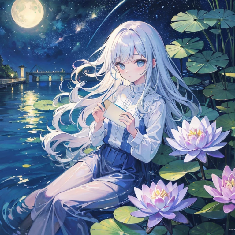 Colored line drawing night tranquil starry sky and lake water, water lily, bridge, highly realistic and detailed painting, crayons, colored pencil