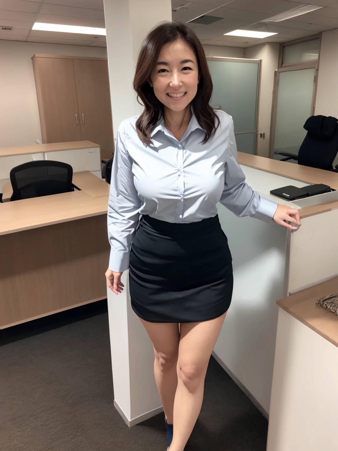 (In 8K、Super high resolution、highest quality、Photoreal、Masseter muscle part、Ultra - High resolution、highest quality:1.1),(55 years old:1.1)(Mature woman in her mid-50s、Wearing a short black flared skirt:1.3)、(long black hair、Beautiful Japanese elderly woman:1.18)、mature woman、A cute smile with a lot of wrinkles、(Standing position facing forward with legs spread wide apart、She lifts her skirt and shows her underwear:1.2)(In the office、NSFW