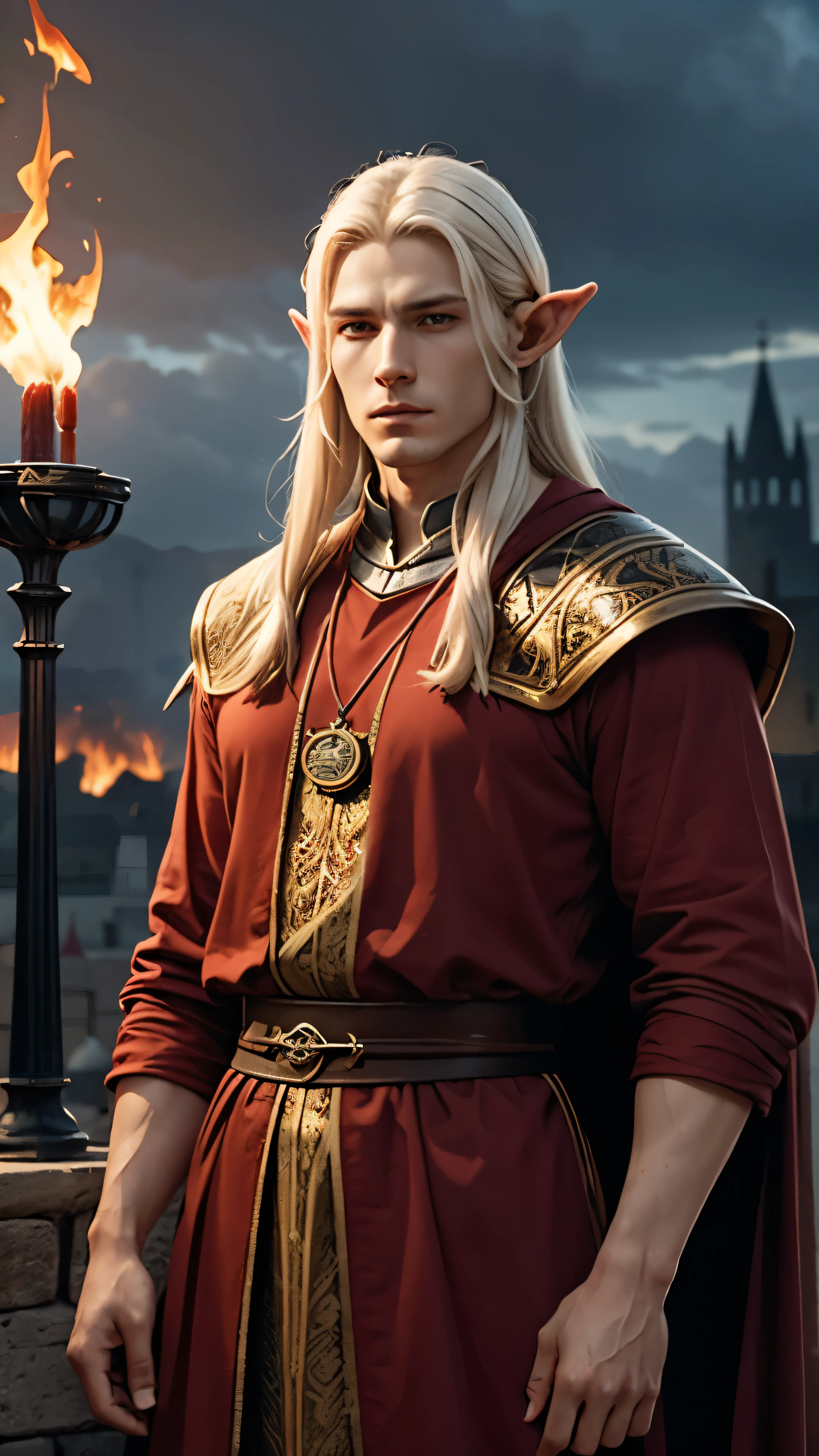 a male high elf, long and pale hair, tall, wearing fine clothes, pale skin but reddish, he has a amulet, he is producing flames with right hand, a medieval city on the background, ultra realistic