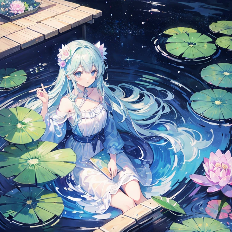Colored line drawing night tranquil starry sky and lake water, water lily, bridge, highly realistic and detailed painting, crayons, colored pencil