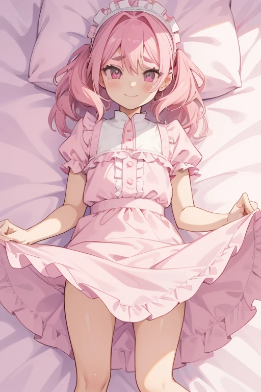 Girl with pink hair, long double-tailed hairstyle, ((small pink bushy eyebrows)), dressed in lolita clothing, marked vagina, lolicon (Zankuro) drawing style by zankuro artist, Zancro style, image uploaded to R34, looking at the camera with a flirtatious smile, modeling in her room, male pov, (panties pulling, self-pulling, pink panties:1.1 panties pulled to knees) , she pulling her dress to cover her crotch
