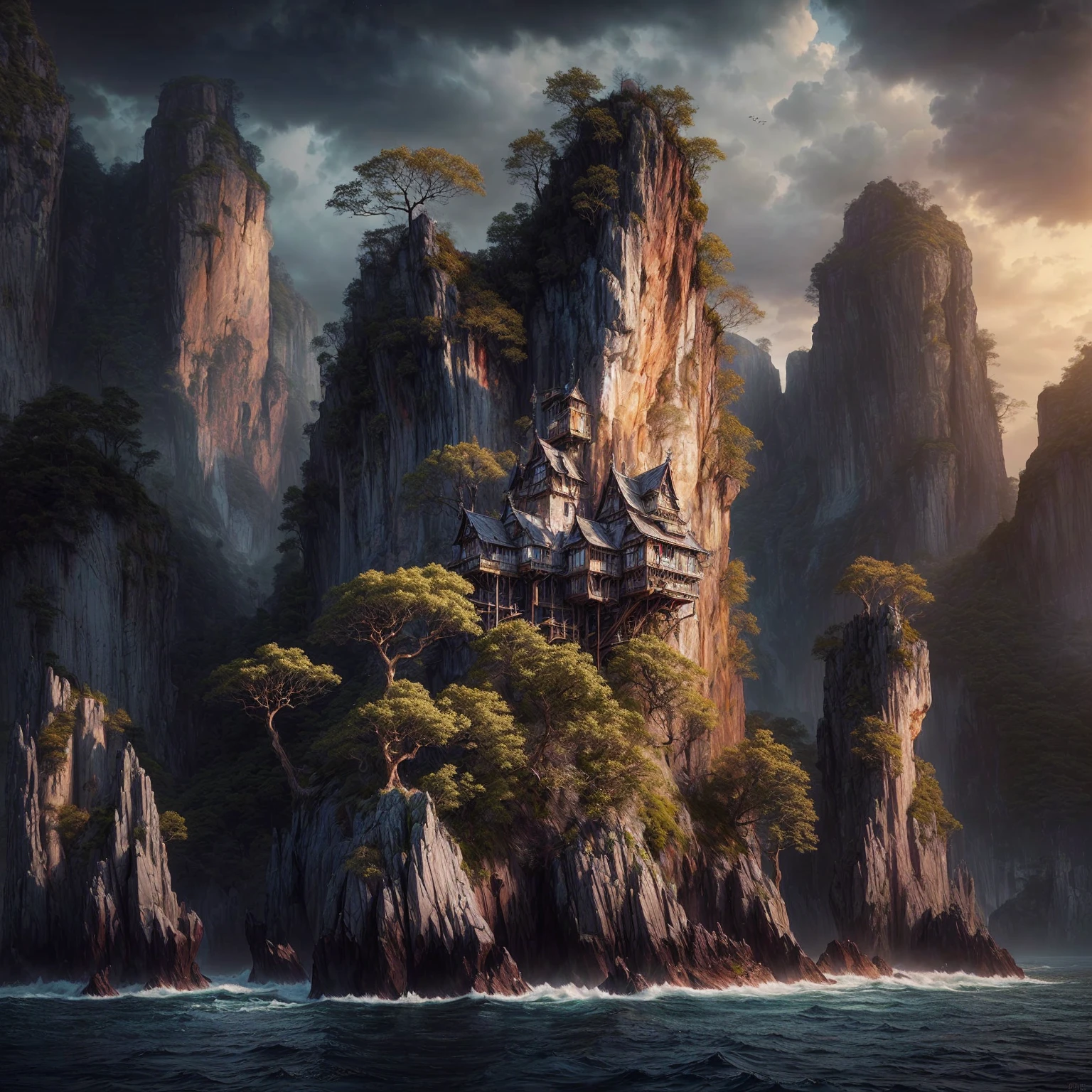 Meisterwerk, best quality, (extrem detailliertes CG Unity 8k-Hintergrundbild), (best quality), (beste Illustration), (bester Schatten), absurdesten, realistische Beleuchtung, (Abgrund), beautiful, detailliertes Leuchten,Arafed Berg mit einem Haus auf dem Gipfel mitten im Ozean, episches Matte Painting einer Insel, 4K hochdetaillierte digitale Kunst, realistische Fantasie rendern, extravagantes Matte Painting, 8k Matte Painting, 8k Matte Painting, beautiful digital artwork, detaillierte Fantasie digitale Kunst, 3D-Rendering und Matte Painting, 3D gerendertes Matte Painting