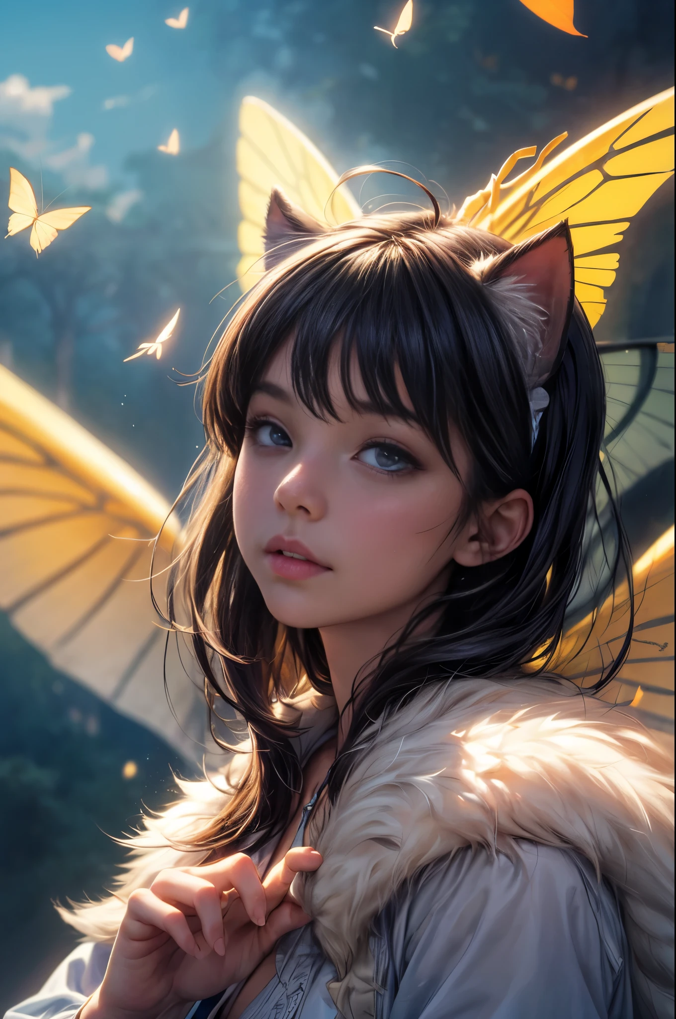 (best quality,4k,8k,highres,masterpiece:1.2),ultra-detailed,(realistic,photorealistic,photo-realistic:1.37),cute,tender,beautiful,adorable,gatito:lindo y tierno,up on a balloon,trying to catch a butterfly,enchanting magical scene,amazing atmosphere,colorful,vibrant,playful,magical lighting,soft and warm colors,magical glow,fluffy cat,curious expression,sparkling butterfly wings,dreamlike background,floating in the sky,peaceful,joyful,magical moment