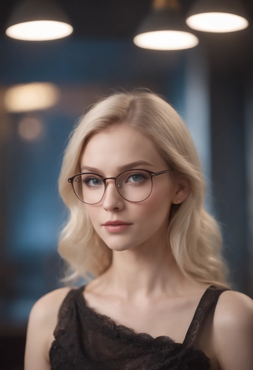 As the camera pans around the classroom, the magical bokeh of the lights creates a dreamlike atmosphere. In the center of the room is a nerdy goddess with big glasses and blonde hair full of curls., boca grande, fleshy lips and blue eyes. She wears a shirt with a generous neckline, drawing attention to her large breasts., adding a touch of mystery to its already intriguing presence. The toxic punk runes on your skin seem to come to life, its intricate details adding to the overall cinematic feel of the scene.