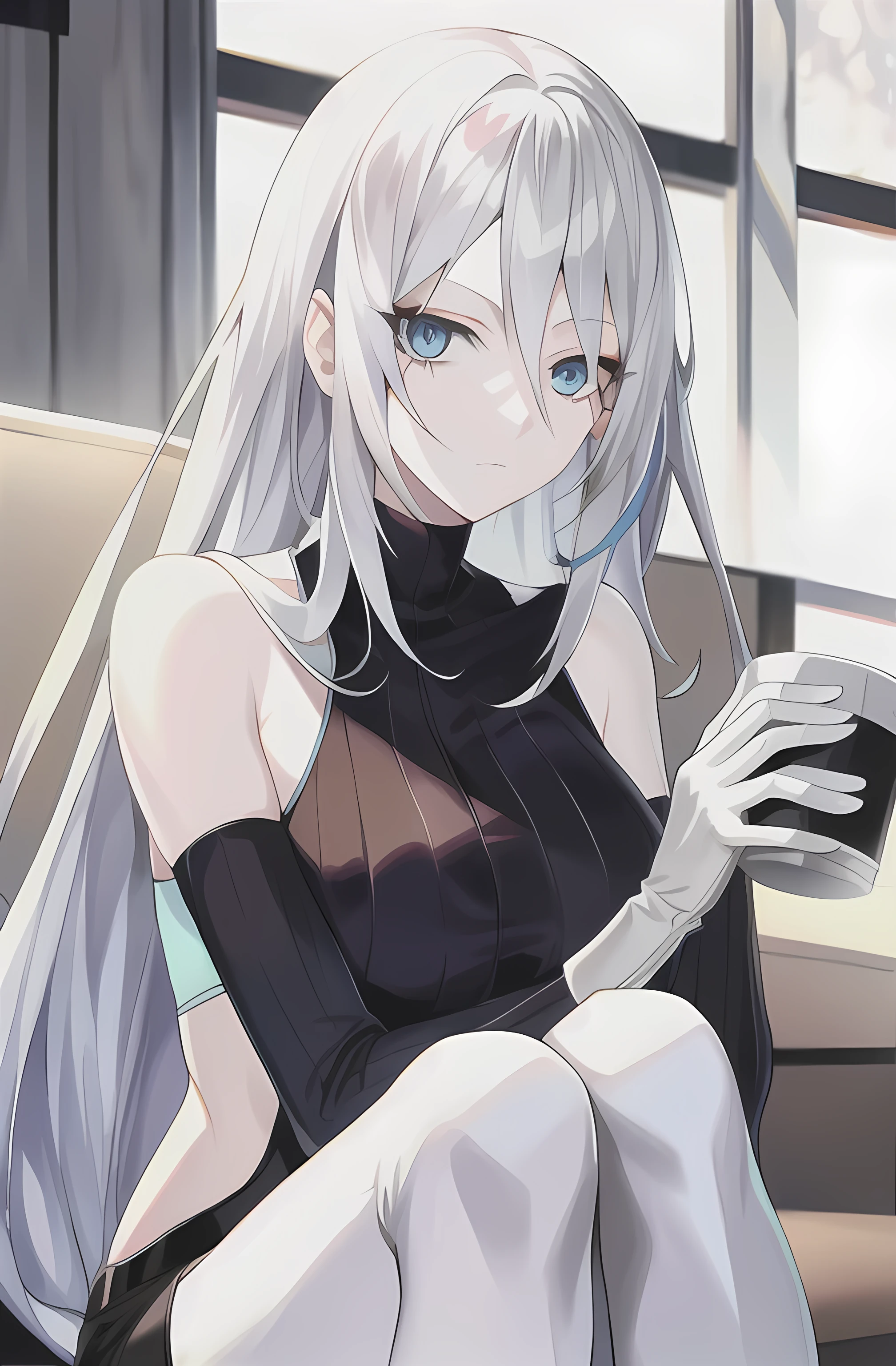 Anime woman, long silver hair, Pale blue eyes, scar on face, drinking coffee