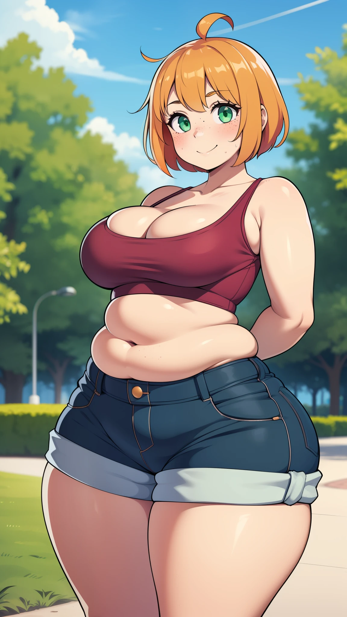 ((highres)), Masterpiece, high quality, best quality, beautiful, perfect lighting, detailed face, ultra cute face, ((1girl)), ((solo), short fluffy orange hair, green eyes, freckles, ((blush)), sweet smile, looking at viewer, arms behind back, standing in a park, (park), daytime, crop top, shorts, (((thick thighs))), ((wide hips)), cleavage, (medium breasts), (chubby), 20 year old female, 