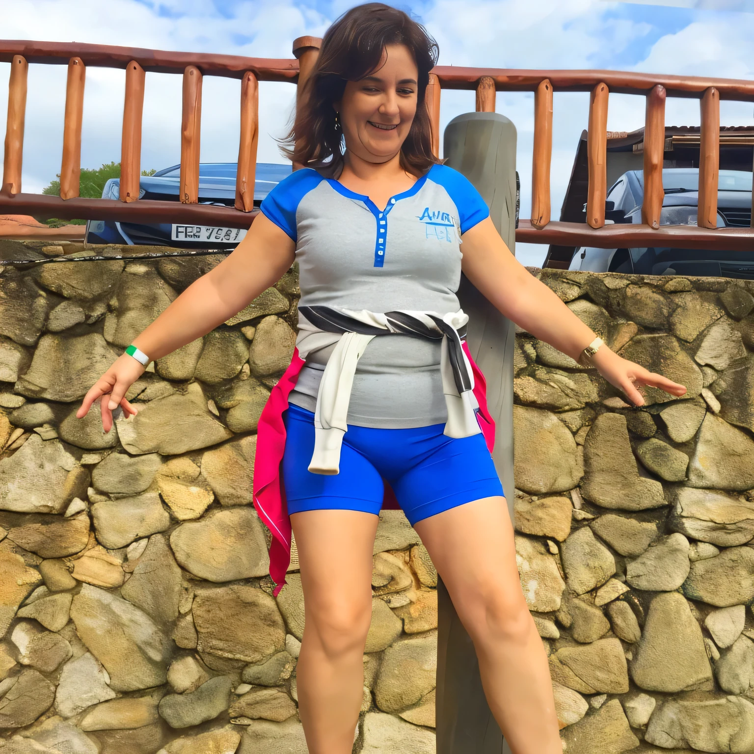 there is a woman standing on a skateboard in front of a stone wall, wearing labradorite body armor, standing pose on stones, doing a sassy pose, wearing adventure gear, waist - shot, posing like a falling model, wearing dirty travelling clothes, wearing fitness gear, wearing adventuring gear, sassy pose, full - body - front - shot, wearing jetpack