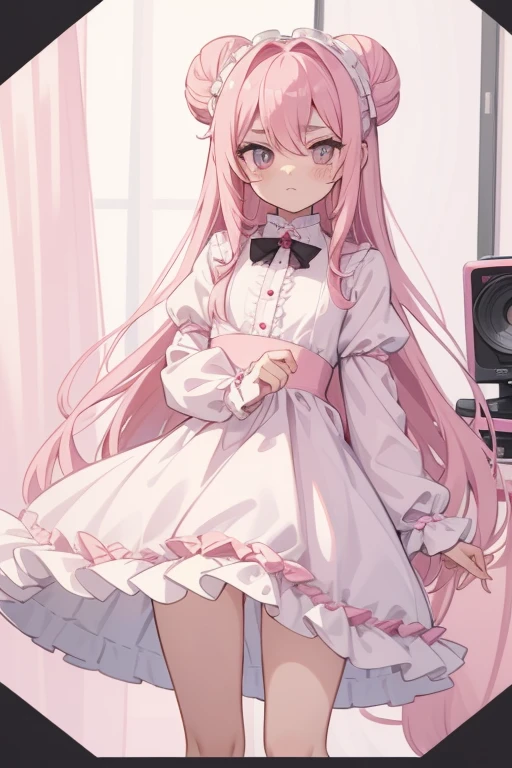 Girls with pink hair, long double-tailed hairstyle, ((small pink bushy eyebrows)), dressed in lolita clothes, marked ,  (Zankuro) drawing style by zankuro artist, Zancro style, image uploaded to R34, changing of clothes in a room, semi  with  in her hands looking away, not looking at the camera (hidden camera recording her, security camera filter recording her)