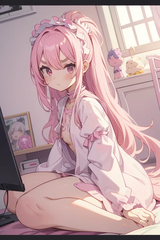 Girls with pink hair, long double-tailed hairstyle, ((small pink bushy eyebrows)), dressed in lolita clothes, marked vagina, lolicon (Zankuro) drawing style by zankuro artist, Zancro style, image uploaded to R34, changing of clothes in a room, semi naked with underwear in her hands looking away, not looking at the camera (hidden camera recording her, security camera filter recording her)