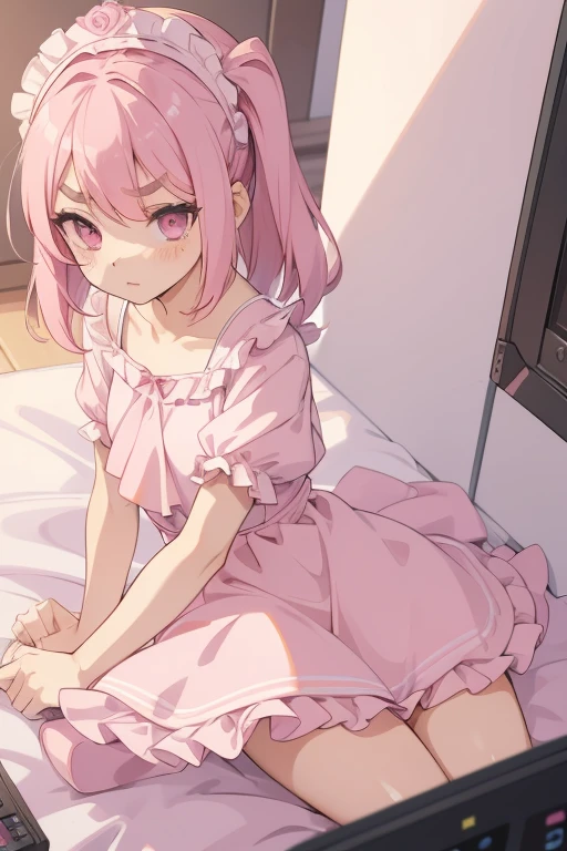 Girls with pink hair, long double-tailed hairstyle, ((small pink bushy eyebrows)), dressed in lolita clothes, marked vagina, lolicon (Zankuro) drawing style by zankuro artist, Zancro style, image uploaded to R34, changing of clothes in a room, semi naked with underwear in her hands looking away, not looking at the camera (hidden camera recording her, security camera filter recording her)