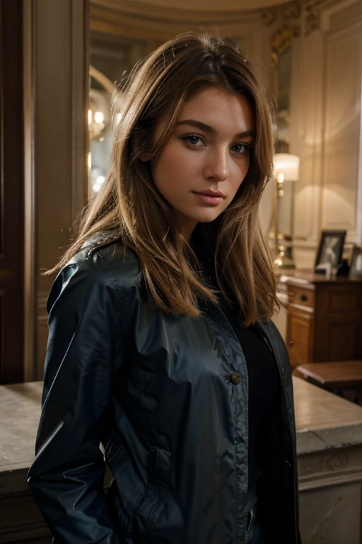 Eleanor, femme aux cheveux blonds ondulés vêtue d'une veste de chasse Barbour aux yeux bleus, pose pour une photo, magnifique portrait de visage. Dans Paris.