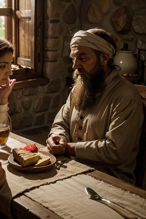 "A realistic scene depicting Abraham talking with Hagar inside a traditional home from biblical times during breakfast. The setting is a simple interior with stone walls, wooden furniture, and an open window allowing sunlight to illuminate the room. Abraham, an older man with a long beard, is dressed in robes and sitting at a low table. Hagar, a younger woman in modest clothing with a headscarf, is sitting across from him. The table has basic items for breakfast, like bread, fruit, and a jug of water. They are engaged in conversation, with Abraham gesturing thoughtfully as Hagar listens attentively. The atmosphere is calm, reflecting a domestic setting from ancient times."
