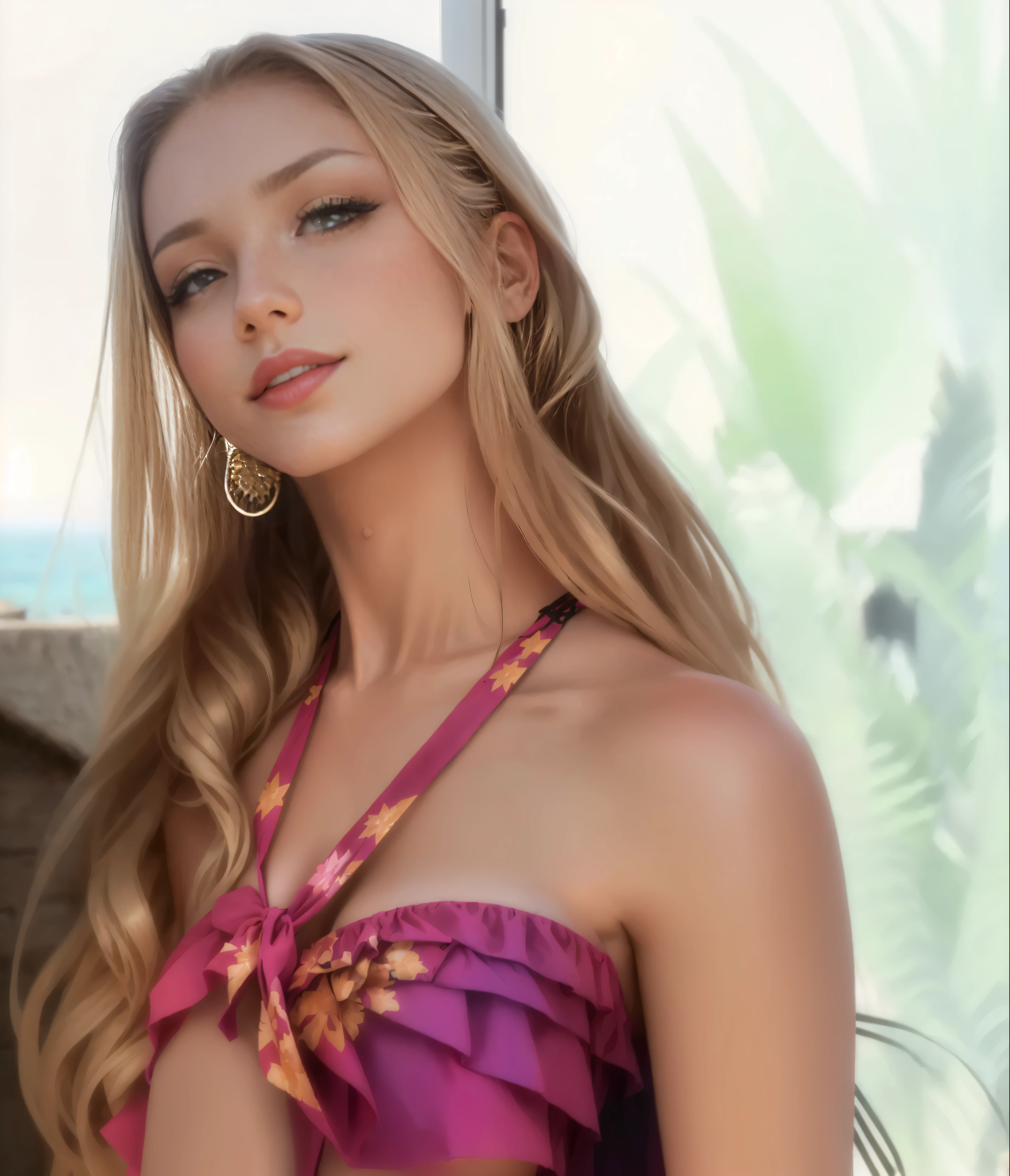 a women, Araffe Frau in einem Bikini posiert mit einem Pferd, Ester Exposito, Stil von Julia Razumova, by Daphne Allen, halter-top, nah am Strand, malika favre, Psychedelischer Badeanzug, Victorias geheimes Modell, von agdal, nice model, monokini, in bunte Seide gekleidet
