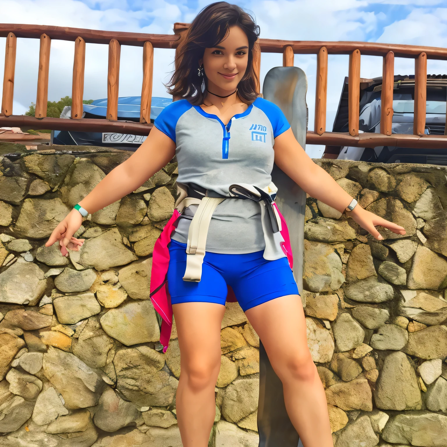 there is a woman standing on a skateboard in front of a stone wall, wearing labradorite body armor, standing pose on stones, doing a sassy pose, wearing adventure gear, waist - shot, posing like a falling model, wearing dirty travelling clothes, wearing fitness gear, wearing adventuring gear, sassy pose, full - body - front - shot, wearing jetpack