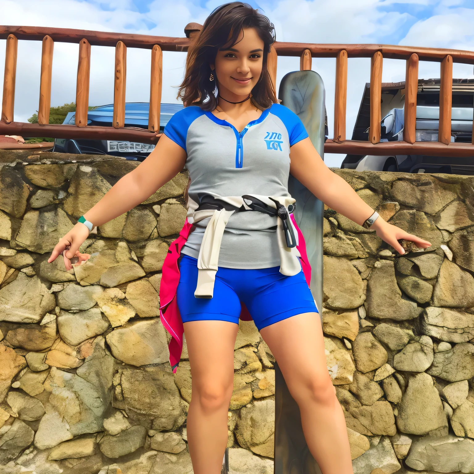 there is a woman standing on a skateboard in front of a stone wall, wearing labradorite body armor, standing pose on stones, doing a sassy pose, wearing adventure gear, waist - shot, posing like a falling model, wearing dirty travelling clothes, wearing fitness gear, wearing adventuring gear, sassy pose, full - body - front - shot, wearing jetpack
