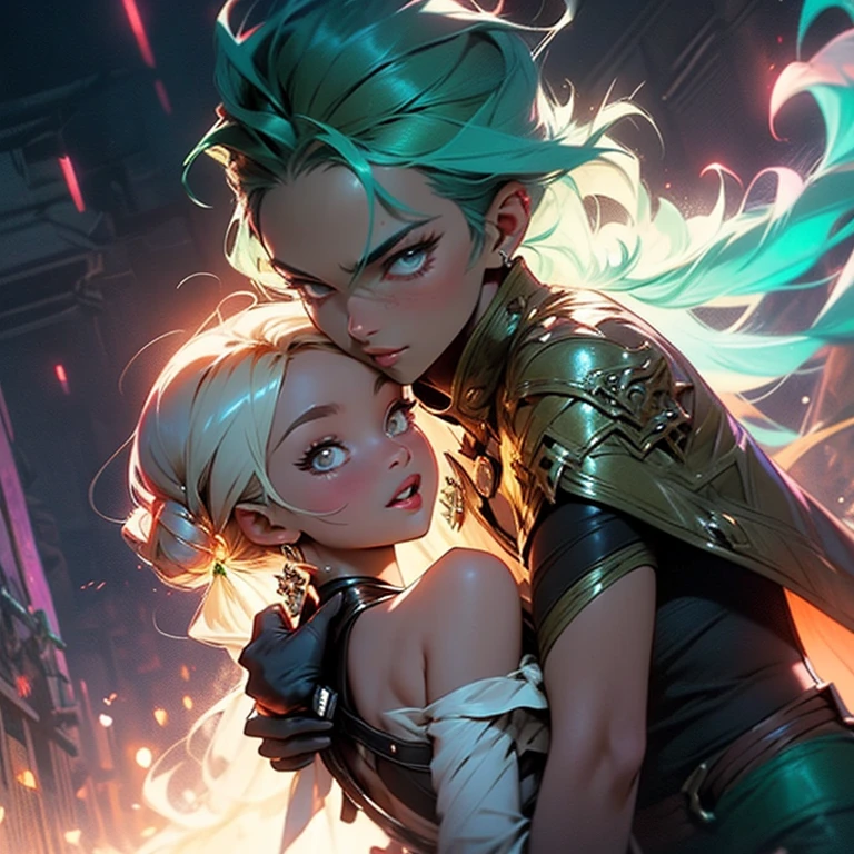 Fada sinhinho think bell roupa curta verde, com detalhes neon, brilho dourado, espada flamejante,  beijando o peter pan voando em cena romantica, explosion of pure pleasure and 💘 
