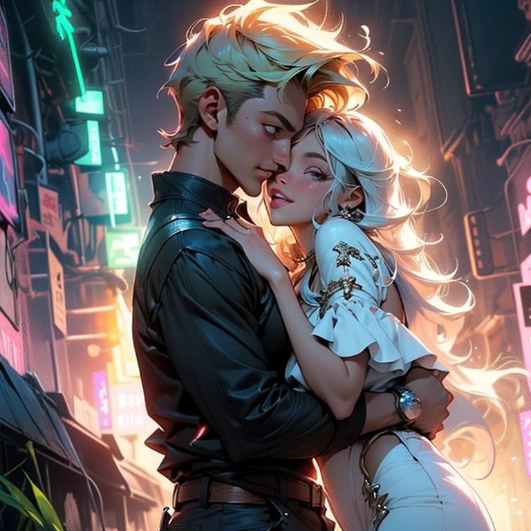 Fada sinhinho think bell roupa curta verde, com detalhes neon, brilho dourado, espada flamejante,  beijando o peter pan voando em cena romantica, explosion of pure pleasure and 💘 