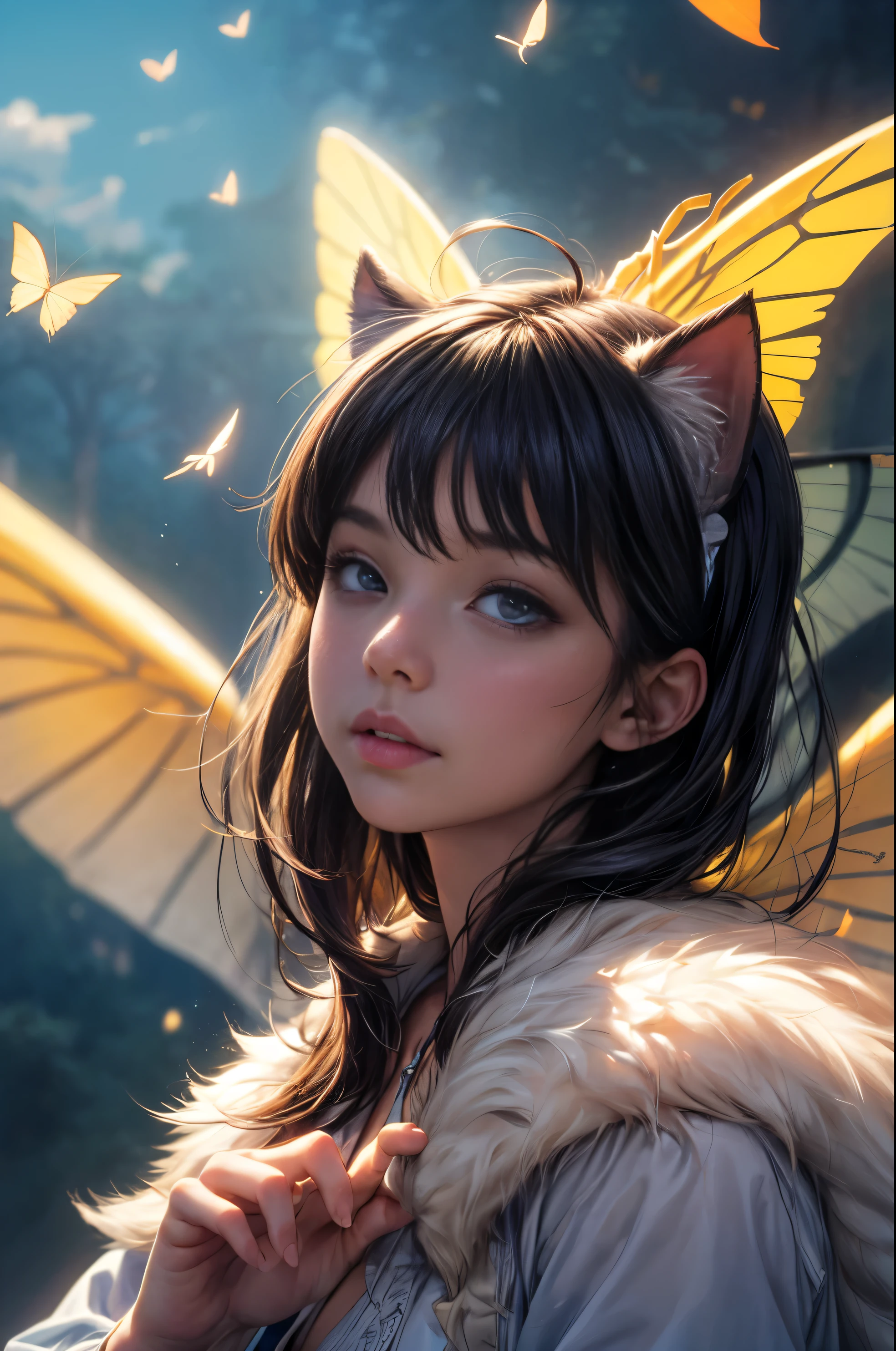 (best quality,4k,8k,highres,masterpiece:1.2),ultra-detailed,(realistic,photorealistic,photo-realistic:1.37),cute,tender,beautiful,adorable,gatito:lindo y tierno,up on a balloon,trying to catch a butterfly,enchanting magical scene,amazing atmosphere,colorful,vibrant,playful,magical lighting,soft and warm colors,magical glow,fluffy cat,curious expression,sparkling butterfly wings,dreamlike background,floating in the sky,peaceful,joyful,magical moment