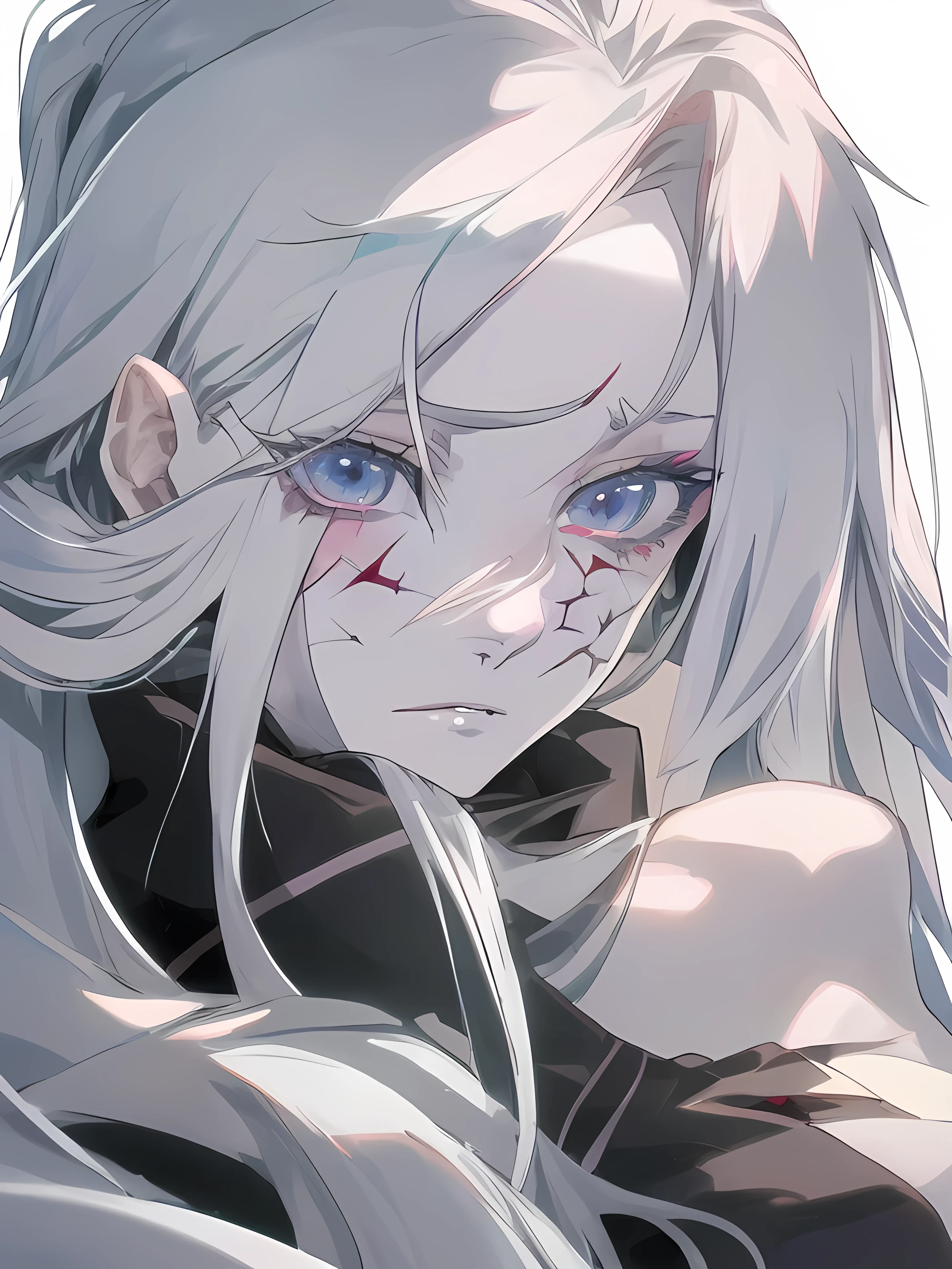 Anime woman, long silver hair, Pale blue eyes, scar on face diagonal from nose to cheek,