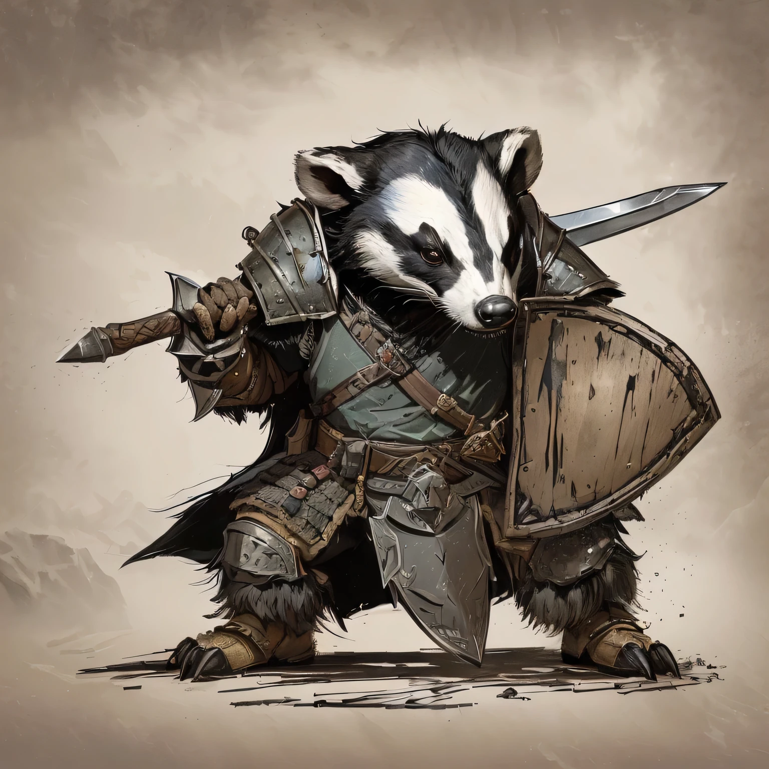 araffe dressed in armor holding a shield and a sword, anthropomorphic badger, ferret warrior, furry badger, badger badger, inspired by Joseph Badger, badger, by Joseph Badger, by Johannes Helgeson, epic fantasy d & d hobbit rogue, from vermintide 2 video game, anthropomorphic warrior piglet, high quality dnd illustration