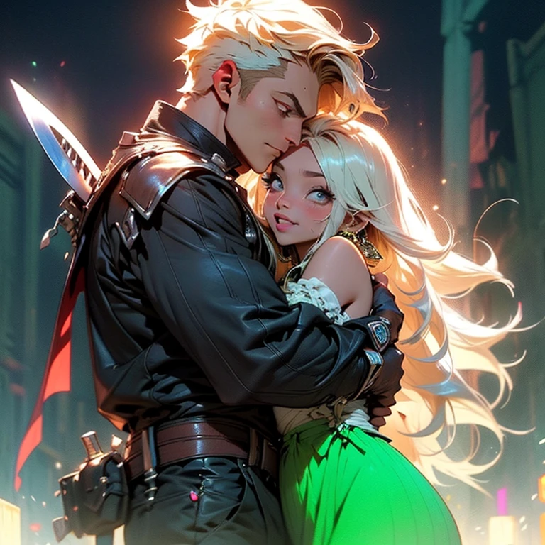 Fada sinhinho think bell roupa curta verde, com detalhes neon, brilho dourado, espada flamejante, beijando o peter pan voando em cena romantica, explosion of pure pleasure and 💘