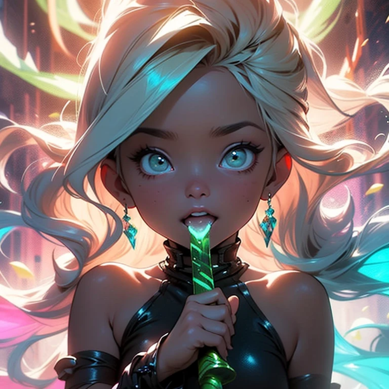 Fada sinhinho think bell roupa curta verde, com detalhes neon, brilho dourado, espada flamejante, beijando o peter pan voando em cena romantica, explosion of pure pleasure and 💘
