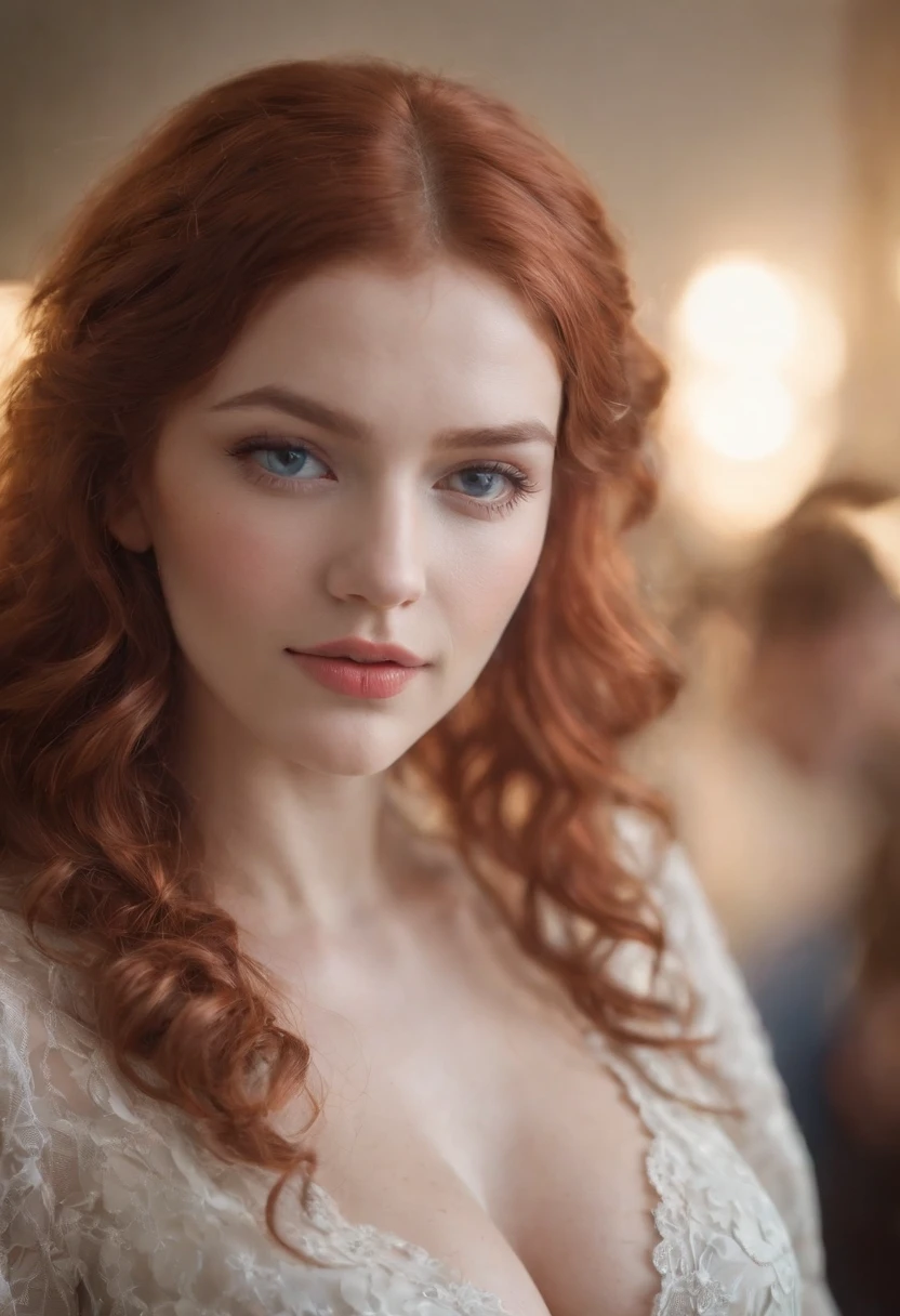 As the camera pans around the classroom, the magical bokeh of the lights creates a dreamlike atmosphere. In the center of the room is a nerdy goddess with red hair full of curls., boca grande, fleshy lips and blue eyes. She wears a shirt with a generous neckline, drawing attention to her large breasts., adding a touch of mystery to its already intriguing presence. its intricate details adding to the overall cinematic feel of the scene.