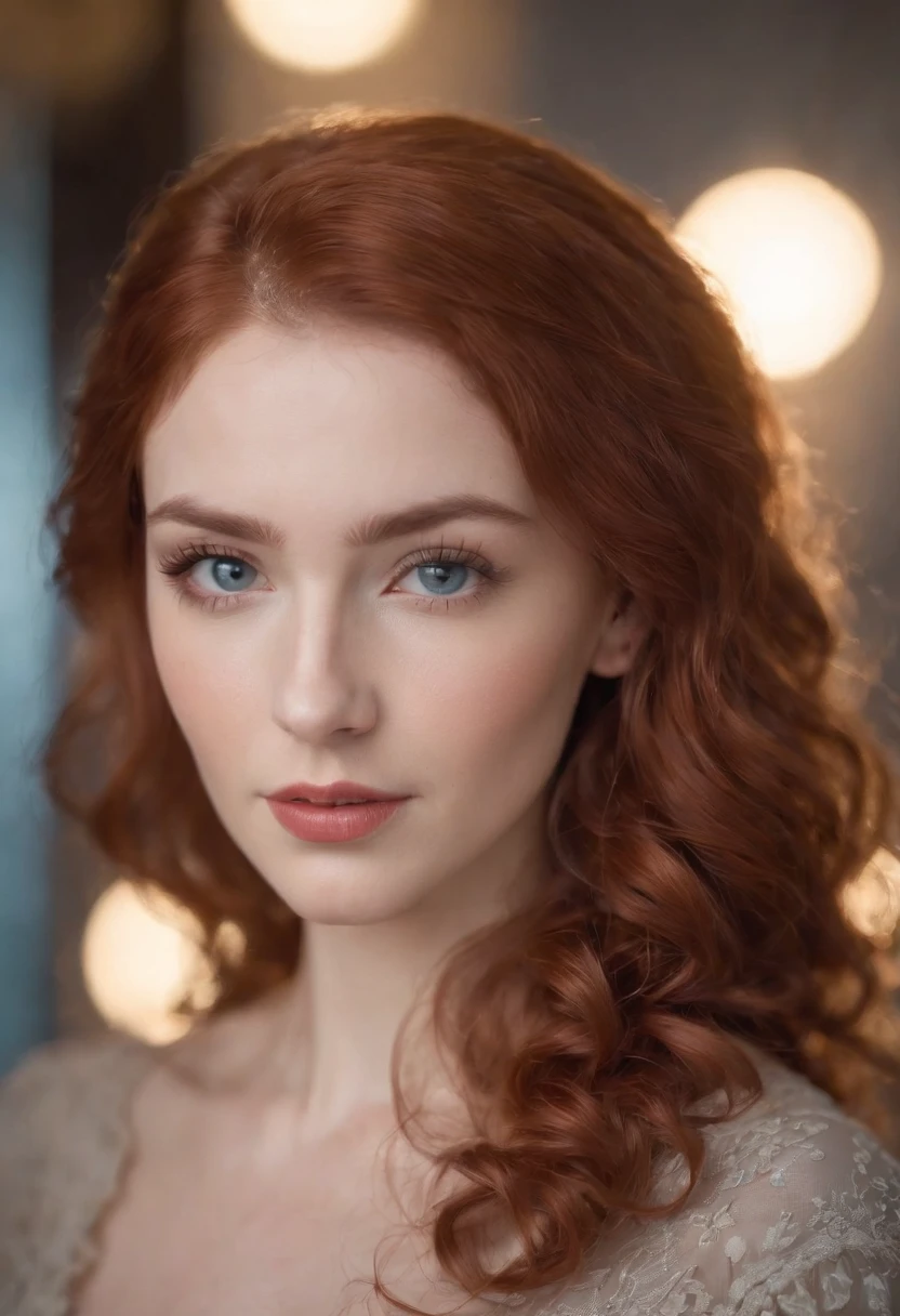 As the camera pans around the classroom, the magical bokeh of the lights creates a dreamlike atmosphere. In the center of the room is a nerdy goddess with red hair full of curls., boca grande, fleshy lips and blue eyes. She wears a shirt with a generous neckline, drawing attention to her large breasts., adding a touch of mystery to its already intriguing presence. its intricate details adding to the overall cinematic feel of the scene.