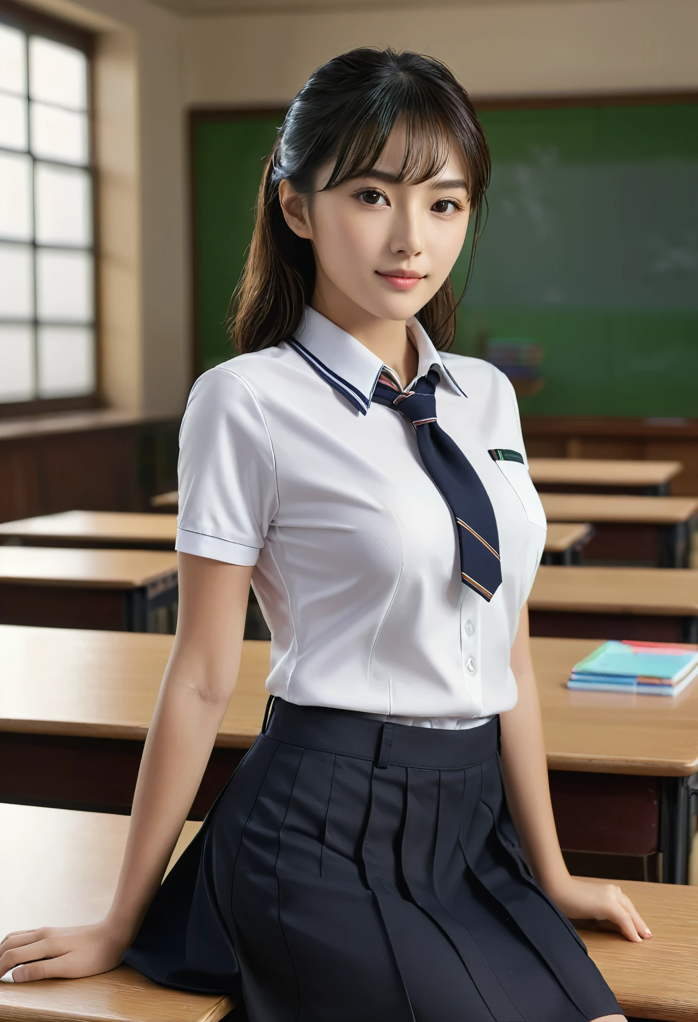 25-year-old female, Mature Woman, ((In the classroom)), ((school uniform)), Raw photo, (photoRealistic: 1.37, Realistic), Highly detailed uniform CG 8K wallpaper, 1 Girl, (((Perfect body: 1.1)), (Medium breast: 1.2), Watching the audience, (((Straight from the front)))), (Headquarters Skin:1.2, Glowing Skin), 8k Uh, Digital single-lens reflex camera, Soft lighting, high quality, Film Grain, Fujifilm XT3, ((Full Body: 0.8)), (Professional Lighting:1.4)