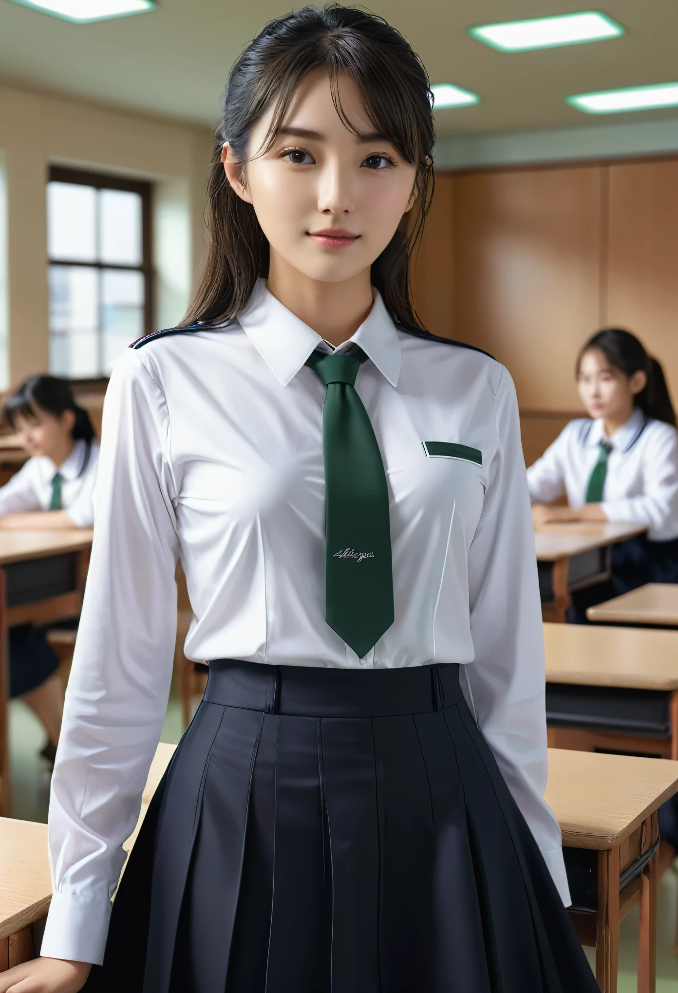 25-year-old female, Mature Woman, ((In the classroom)), ((school uniform)), Raw photo, (photoRealistic: 1.37, Realistic), Highly detailed uniform CG 8K wallpaper, 1 Girl, (((Perfect body: 1.1)), (Medium breast: 1.2), Watching the audience, (((Straight from the front)))), (Headquarters Skin:1.2, Glowing Skin), 8k Uh, Digital single-lens reflex camera, Soft lighting, high quality, Film Grain, Fujifilm XT3, ((Full Body:  0.8)), (Professional Lighting:1.4) 