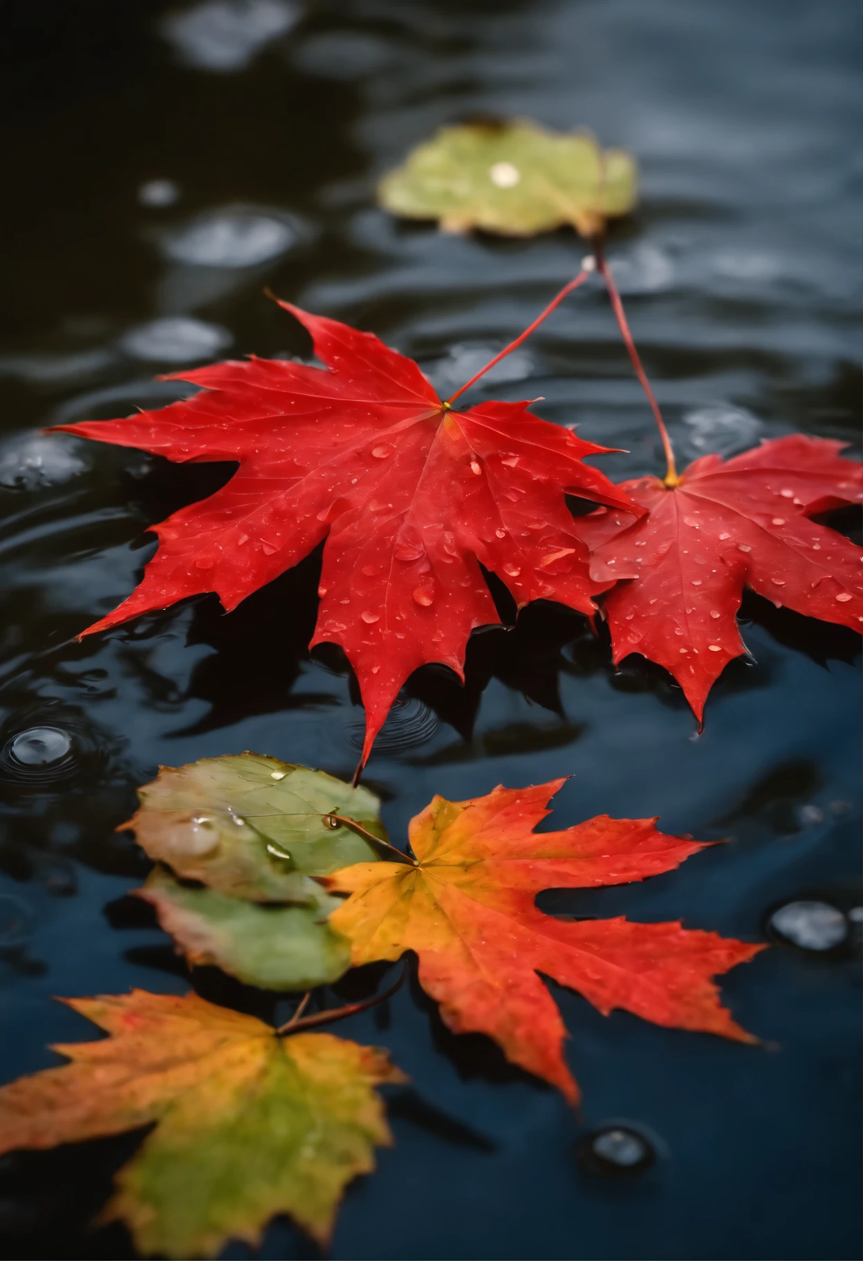 (floating maple leaves in a lake,negative space,raining,beautiful,carved patterns of flowers on the maple leaves),(best quality,4k,8k,highres,masterpiece:1.2),ultra-detailed,(realistic,photorealistic,photo-realistic:1.37),HDR,UHD,studio lighting,extreme detail description,professional,vivid colors,bokeh,maple leaf red color,dark blue water,soft flowing raindrops,gentle ripple effect on the lake surface,subtle reflections of the leaves,delicate and intricate flower patterns on the leaves,autumn atmosphere,tranquil and serene ambiance