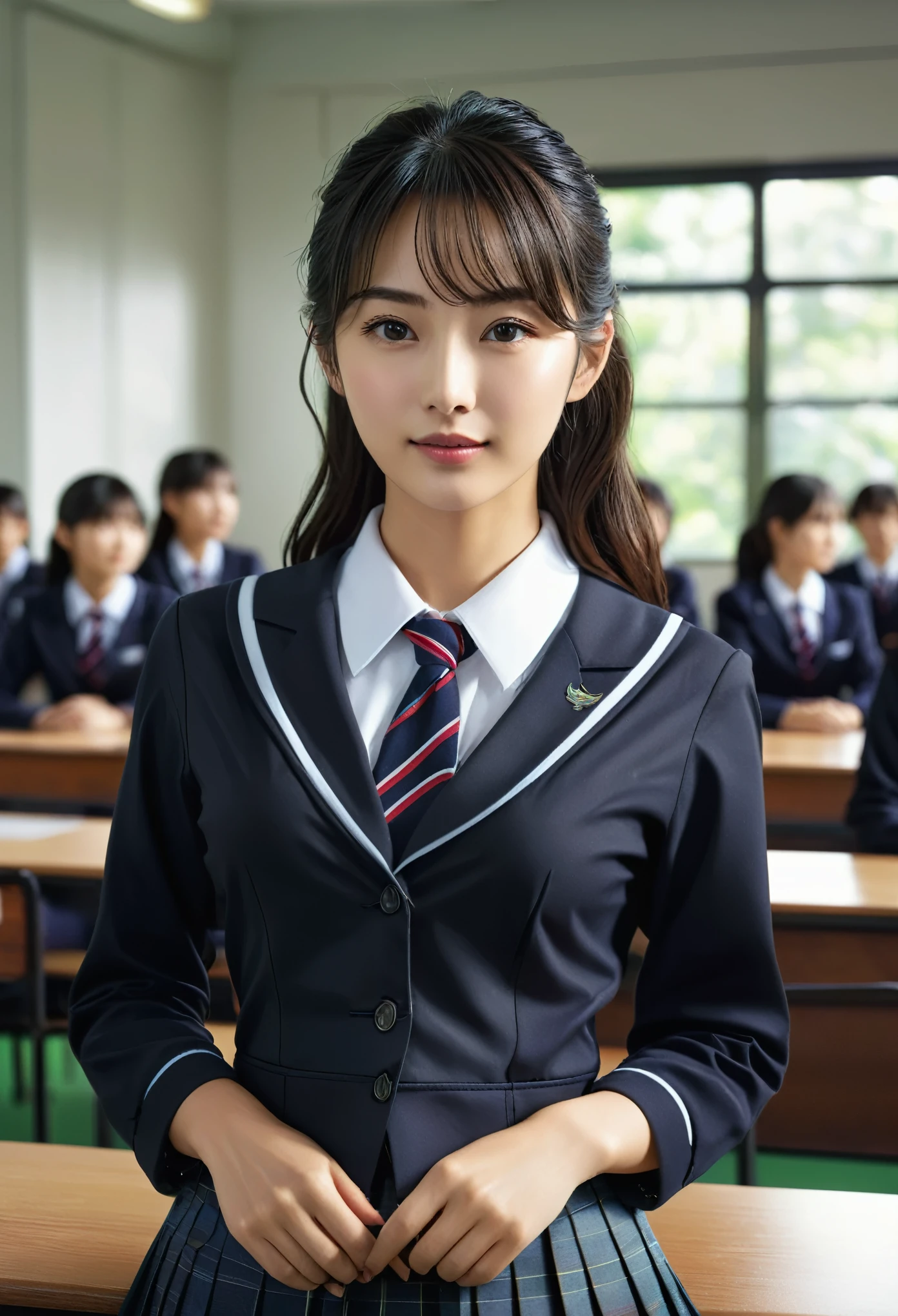 25-year-old female, Mature Woman, ((In the classroom)), ((school uniform)), Raw photo, (photoRealistic: 1.37, Realistic), Highly detailed uniform CG 8K wallpaper, 1 Girl, (((Perfect body: 1.1)), (Medium breast: 1.2), Watching the audience, (((Straight from the front)))), (Headquarters Skin:1.2, Glowing Skin), 8k Uh, Digital single-lens reflex camera, Soft lighting, high quality, Film Grain, Fujifilm XT3, ((Full Body: 0.8)), (Professional Lighting:1.4)