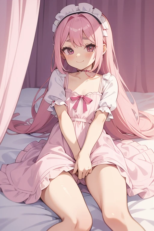 Girl with pink hair, long double-tailed hairstyle, ((small pink bushy eyebrows)), dressed in ****ta clothing, marked vagina, ****con (Zankuro) drawing style by zankuro artist, Zancro style, image uploaded to R34, looking at the camera with a flirtatious smile, modeling in her room, male pov, (panties pulling, self-pulling, pink panties:1.1 panties pulled to knees) , she pulling her dress to cover her crotch, no visible vagina