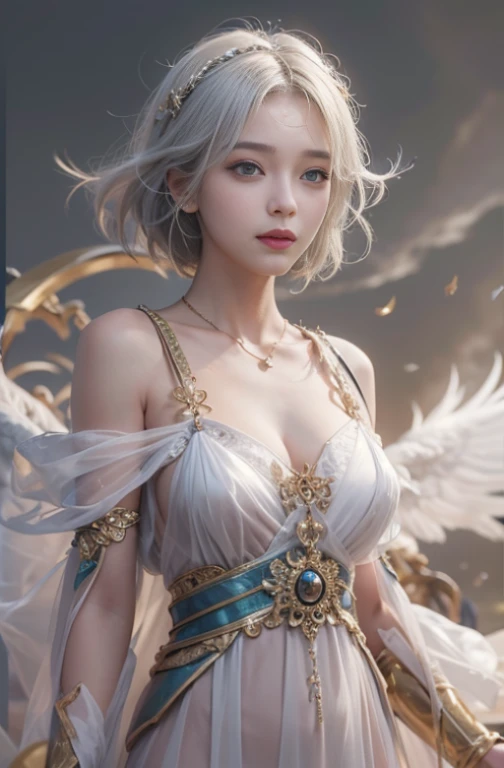 (masterpiece:1.3), (8k, Photorealistic, Raw photo, Best image quality: 1.4), Fair-skinned fairy woman、Long Haircut、Cleavage:2.0、Super detailed face、Attention to detail、double eyelid、Put your chest together、Sharp focus:1.2、Beautiful woman:1.4、Silvery white hair、highest quality、masterpiece、超A high resolution、(Photorealistic:1.4)、Highly detailed and professionally lit smile、Loose, light, Ancient Greek clothing、Shoulder out、thin、Serious expression、Short-haired、Deadly position, gorgeous accessories, one person、whole body, Huge brown wings from the latissimus dorsi、Above the Clouds