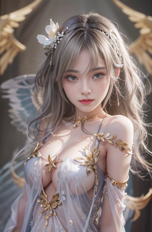 (masterpiece:1.3), (8k, Photorealistic, Raw photo, Best image quality: 1.4), Fair-skinned fairy woman、Long Haircut、Cleavage:2.0、Super detailed face、Attention to detail、double eyelid、Put your chest together、Sharp focus:1.2、Beautiful woman:1.4、Silvery white hair、highest quality、masterpiece、超A high resolution、(Photorealistic:1.4)、Highly detailed and professionally lit smile、Loose, light, Ancient Greek clothing、Shoulder out、thin、Serious expression、Short-haired、Deadly position, gorgeous accessories, one person、whole body, Huge brown wings from the latissimus dorsi、Above the Clouds
