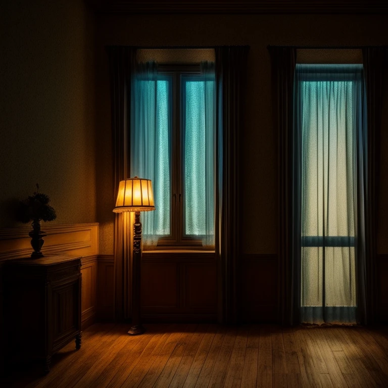 Imagine an old style room, con muebles de madera oscura y cortinas pesadas. Moonlight shyly filters through a window with antique glass, creando sombras en el suelo y las paredes.