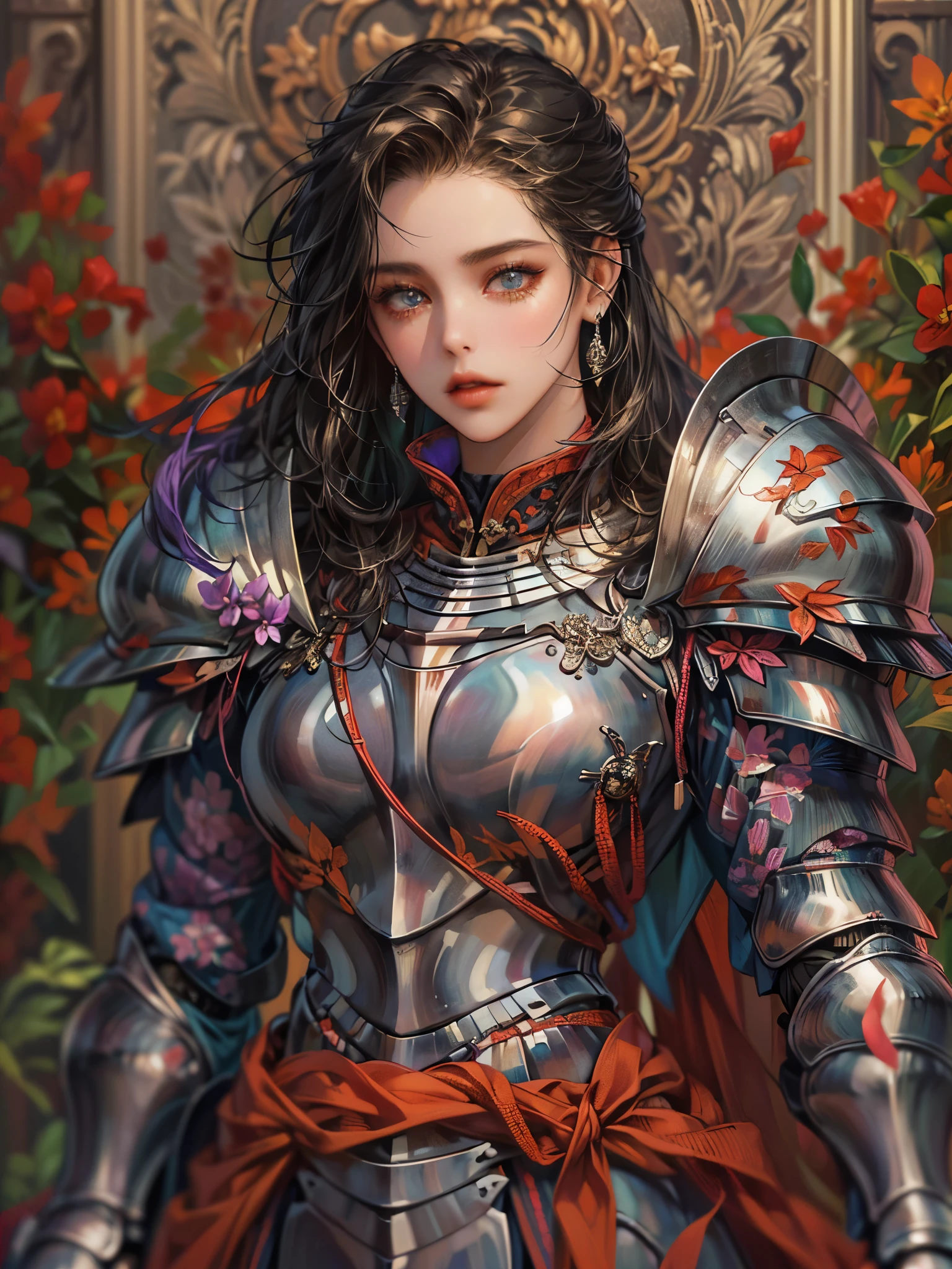 ((highest quality)),(Ultra-high resolution),(Very detailed),(Detailed Description),((The best CG)),(A masterpiece),Ultra-precise art,amazing drawing art,(Fantasy art with intricate detail:1.5), (female knight:1.5),(Intricately detailed armor:1.3), Black Kote:1.2,Red chest:1.4