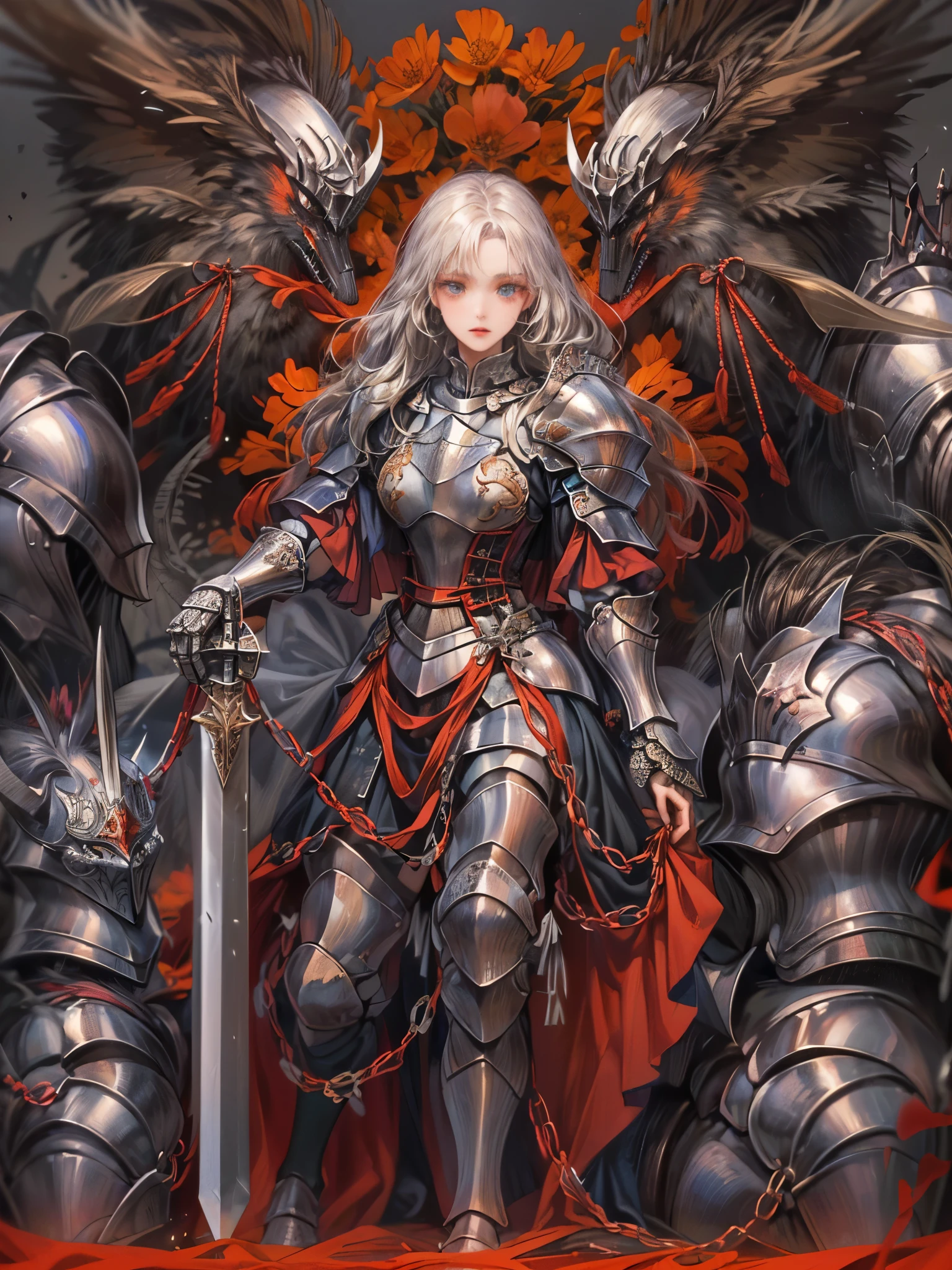 ((highest quality)),(Ultra-high resolution),(Very detailed),(Detailed Description),((The best CG)),(A masterpiece),Ultra-precise art,amazing drawing art,(Fantasy art with intricate detail:1.5), (female knight:1.5),(Intricately detailed armor:1.3), Black Kote:1.2,Red chest:1.4, Explosive Desire, Soaring female angel
